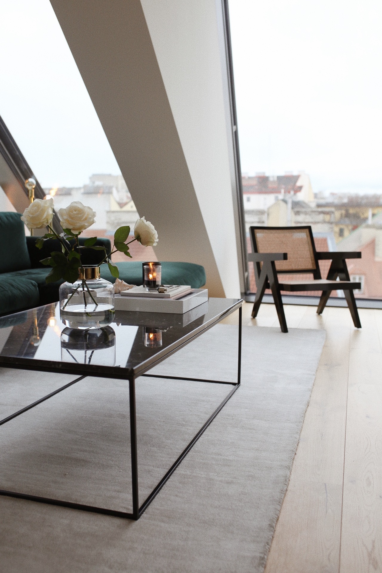 Coffee Table Styling Tips: Green Velvet Sofa + Black Marble Coffee Table - Bikinis & Passports