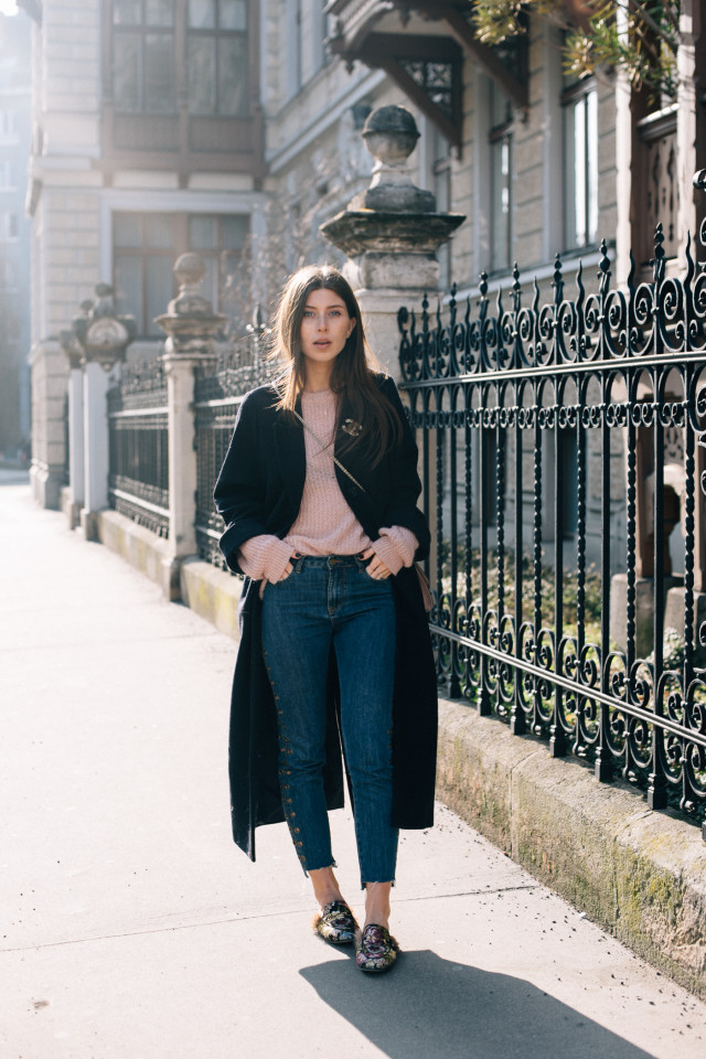 OUTFIT: long coat + Gucci princetown floral brocade slippers | Bikinis & Passports