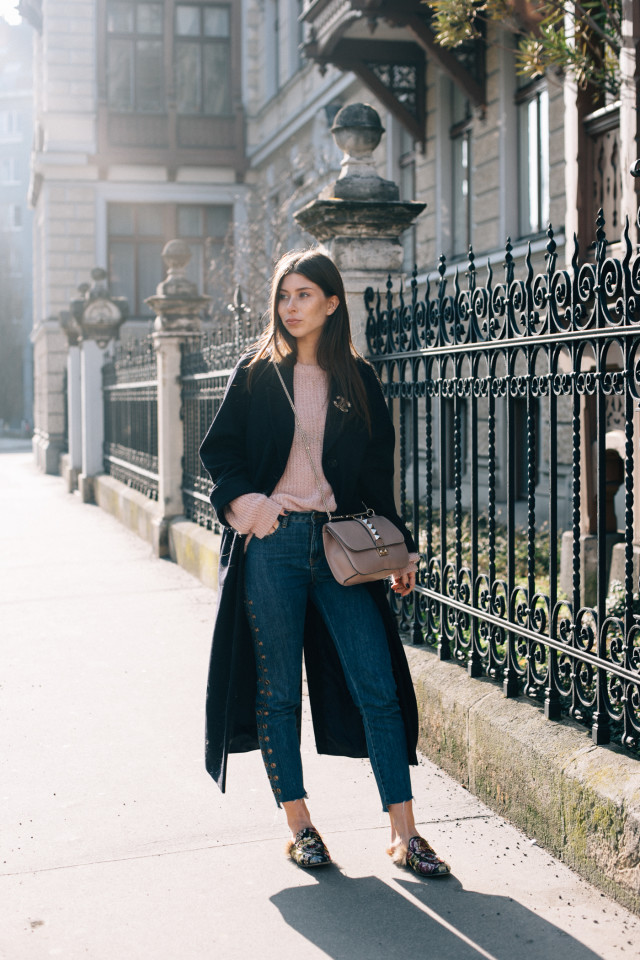OUTFIT: long coat + Gucci princetown floral brocade slippers | Bikinis & Passports