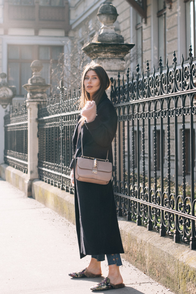 OUTFIT: long coat + Gucci princetown floral brocade slippers | Bikinis & Passports