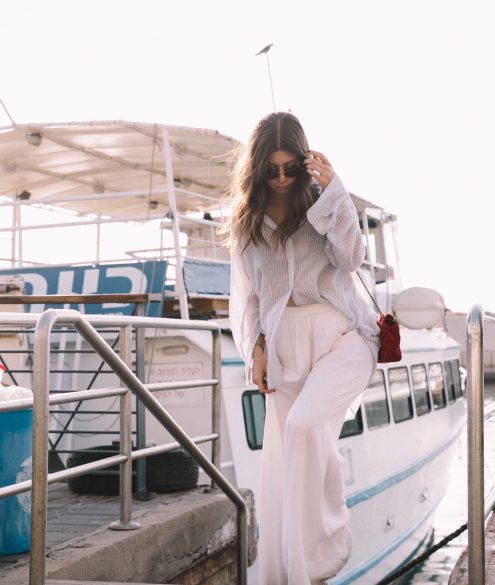 Nautical Style: White Palazzo Pants + Striped Blouse | Bikinis & Passports