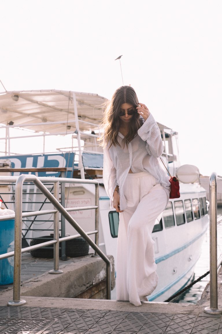 Nautical Style: White Palazzo Pants + Striped Blouse | Bikinis & Passports