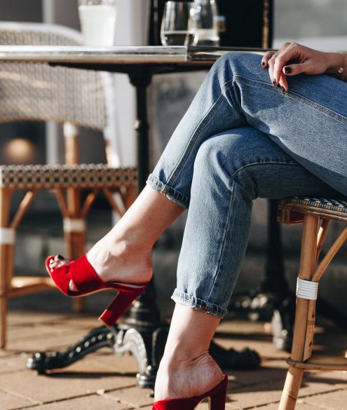 Closed pedal pusher jeans + red velvet mules by Gianvito Rossi | Bikinis & Passports