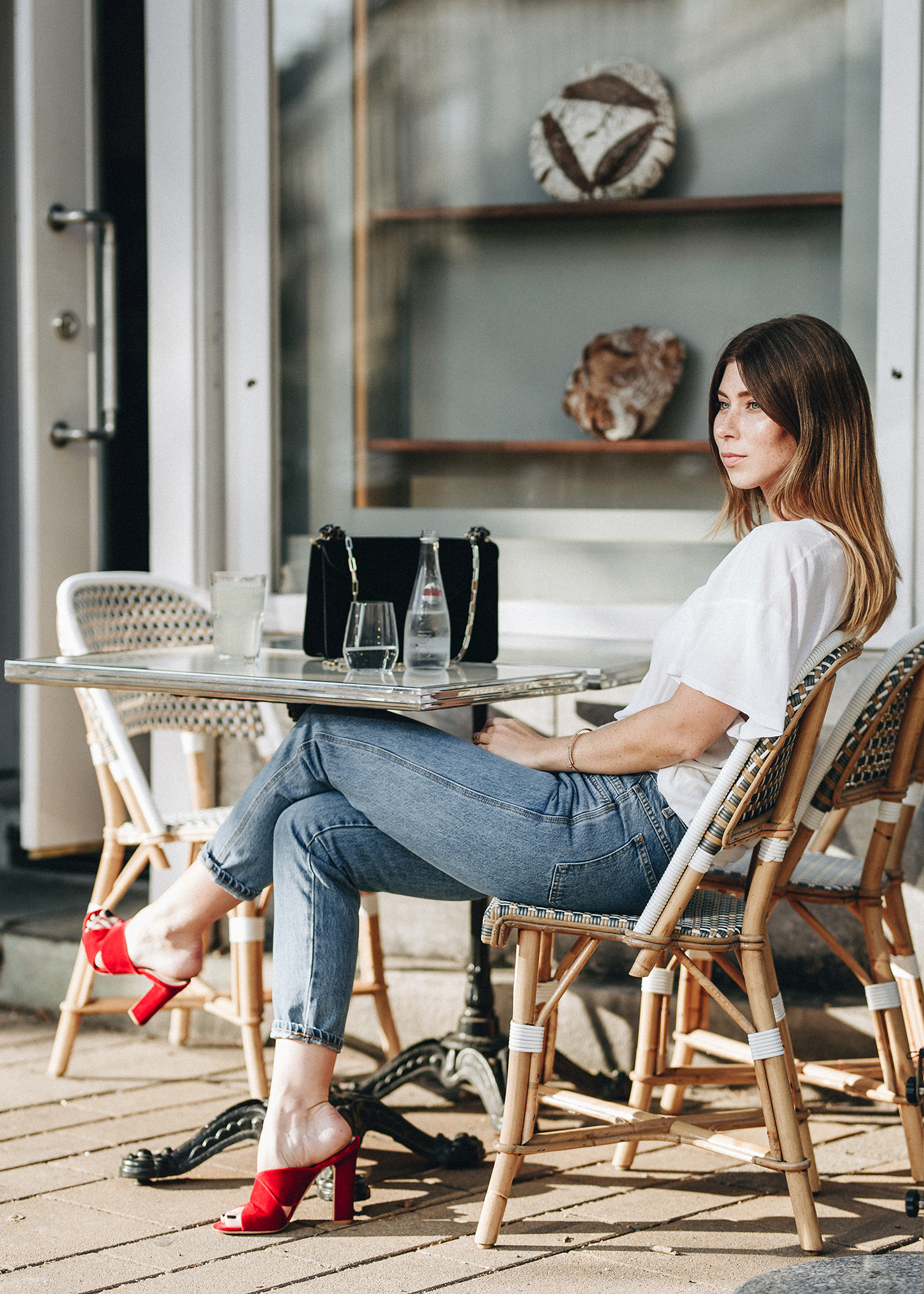 Closed pedal pusher jeans + red velvet mules by Gianvito Rossi | Bikinis & Passports