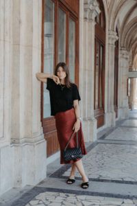Red silk skirt, midi skirt | Bikinis & Passports