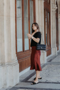 Red silk skirt, midi skirt | Bikinis & Passports