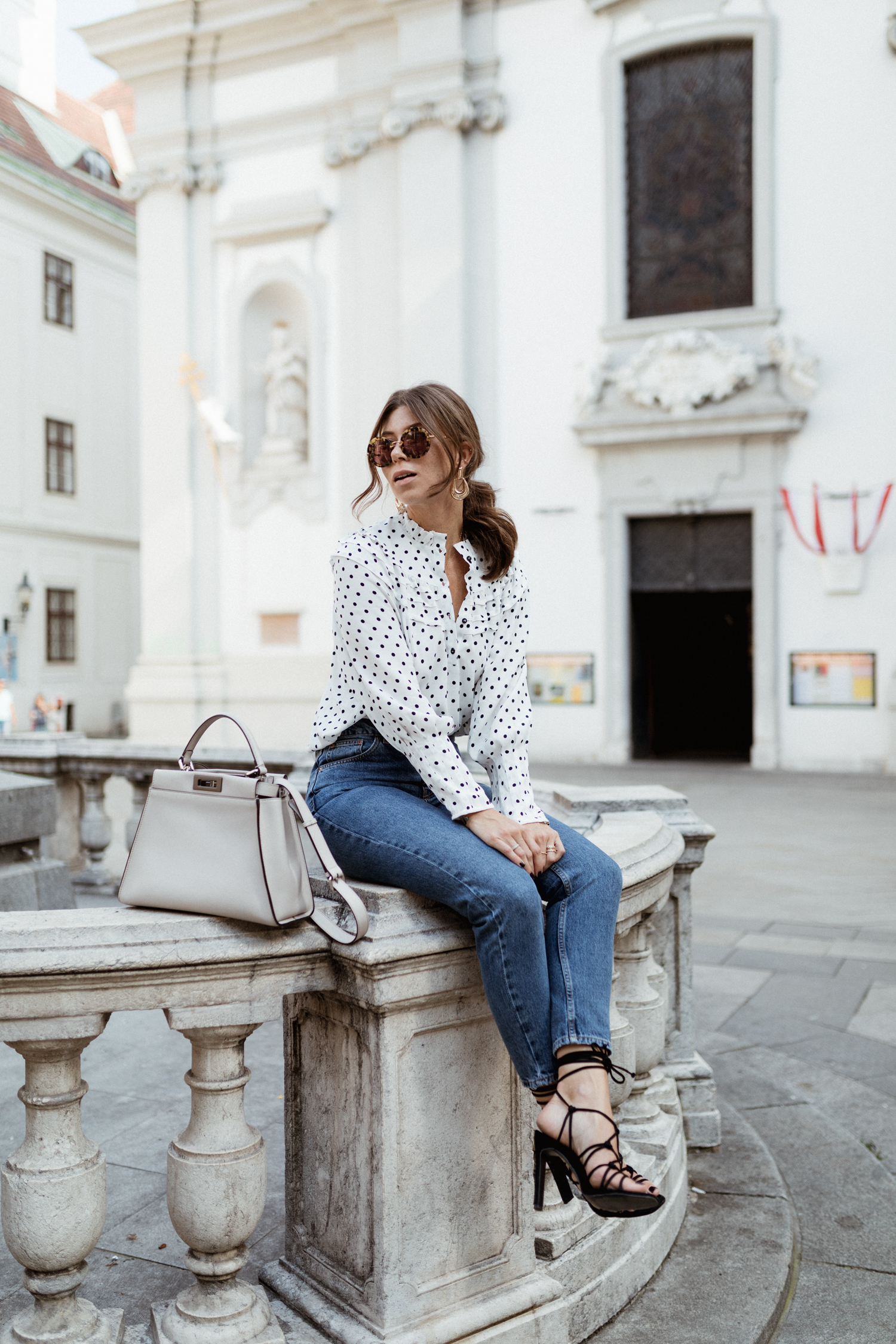 Topshop spot Frill neck blouse & jeans, Fendi bag, Miu Miu sunglasses, Public Desire heels - Bikinis & Passports