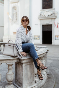 Topshop spot Frill neck blouse & jeans, Fendi bag, Miu Miu sunglasses, Public Desire heels - Bikinis & Passports