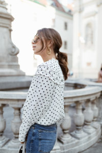 Topshop spot Frill neck blouse & jeans, Fendi bag, Miu Miu sunglasses, Public Desire heels - Bikinis & Passports