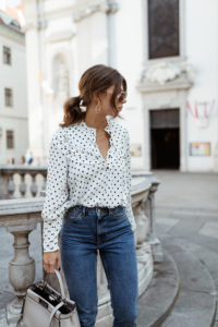 Topshop spot Frill neck blouse & jeans, Fendi bag, Miu Miu sunglasses, Public Desire heels - Bikinis & Passports