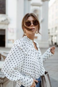 Topshop spot Frill neck blouse & jeans, Fendi bag, Miu Miu sunglasses, Public Desire heels - Bikinis & Passports