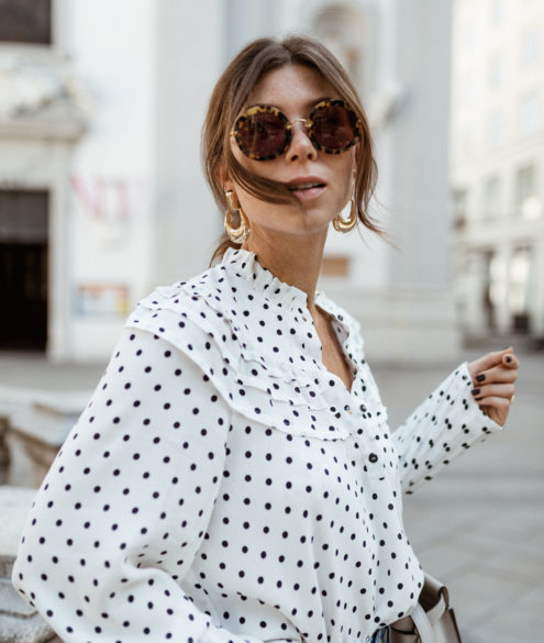 Topshop spot Frill neck blouse & jeans, Fendi bag, Miu Miu sunglasses, Public Desire heels - Bikinis & Passports