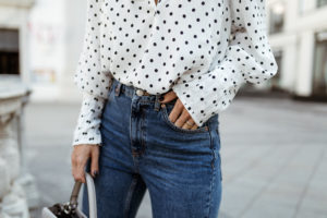 Topshop spot Frill neck blouse & jeans, Fendi bag, Miu Miu sunglasses, Public Desire heels - Bikinis & Passports