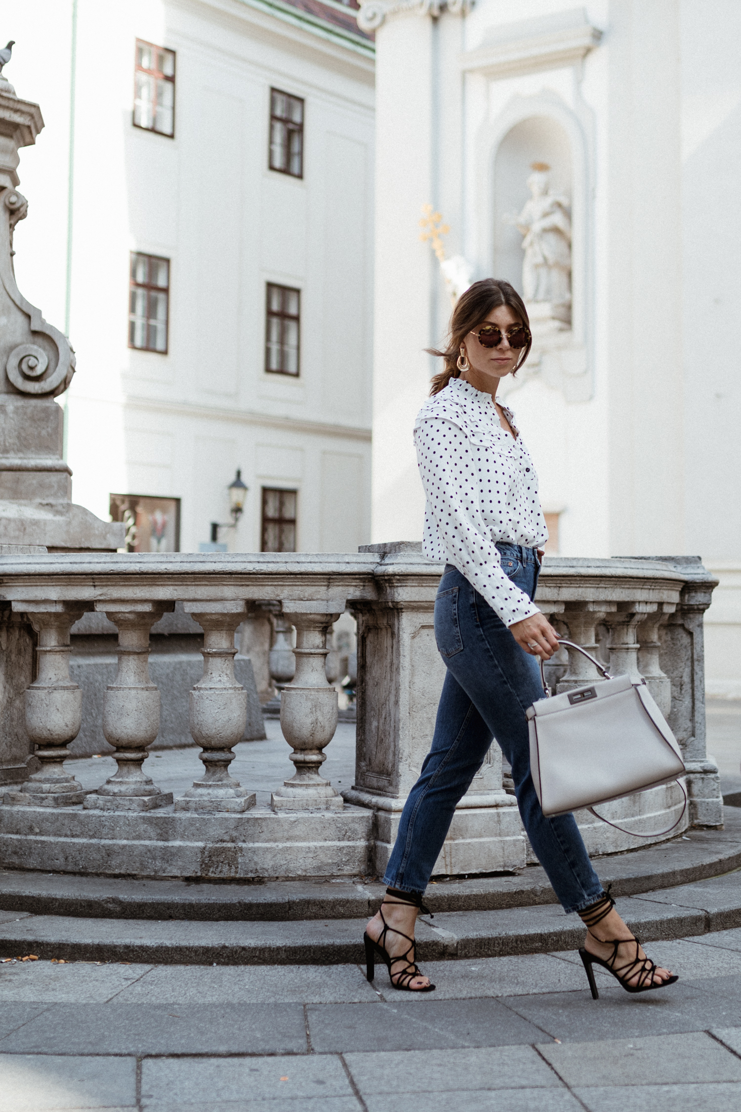 Topshop spot Frill neck blouse & jeans, Fendi bag, Miu Miu sunglasses, Public Desire heels - Bikinis & Passports