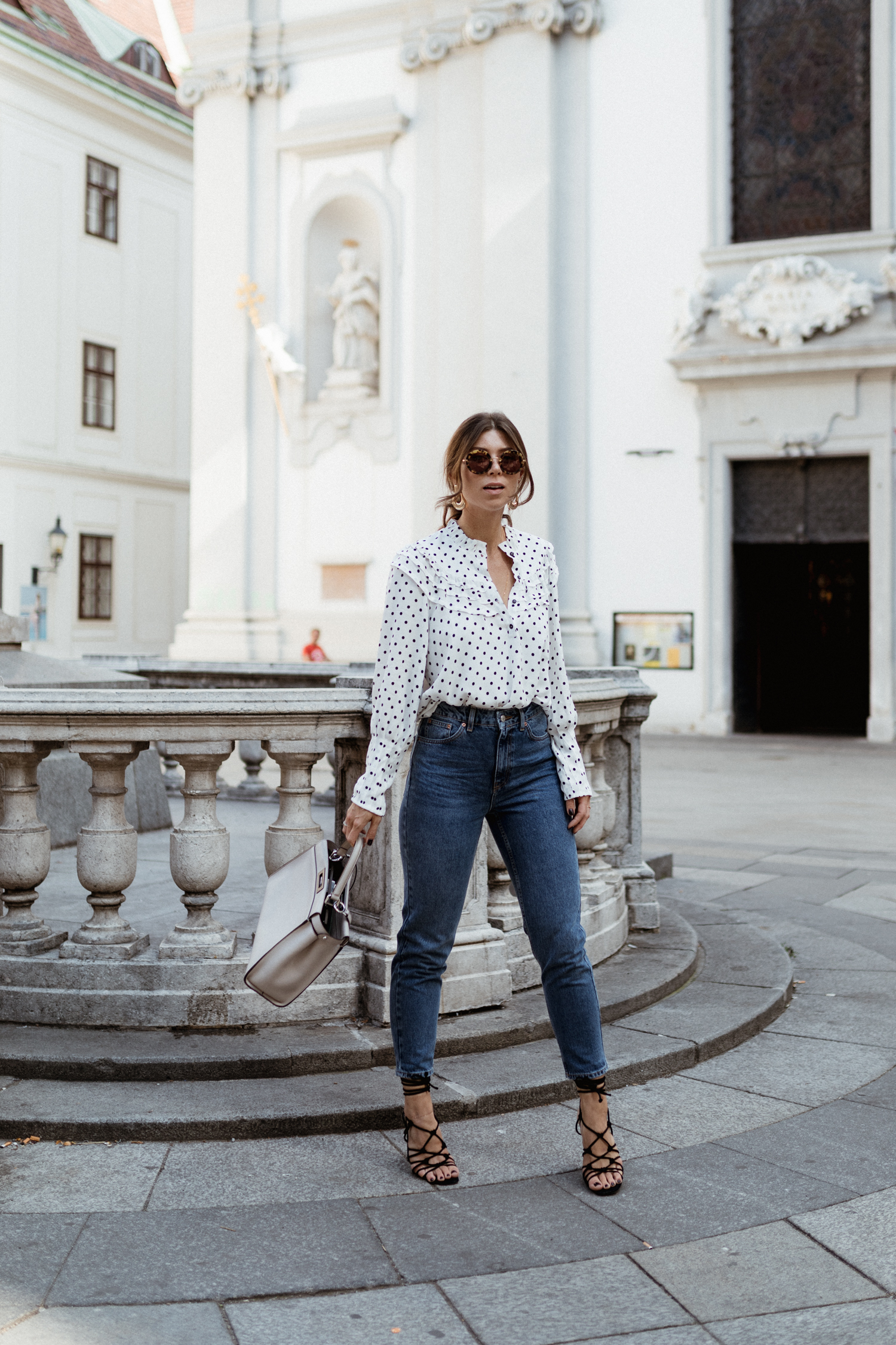 Topshop spot Frill neck blouse & jeans, Fendi bag, Miu Miu sunglasses, Public Desire heels - Bikinis & Passports