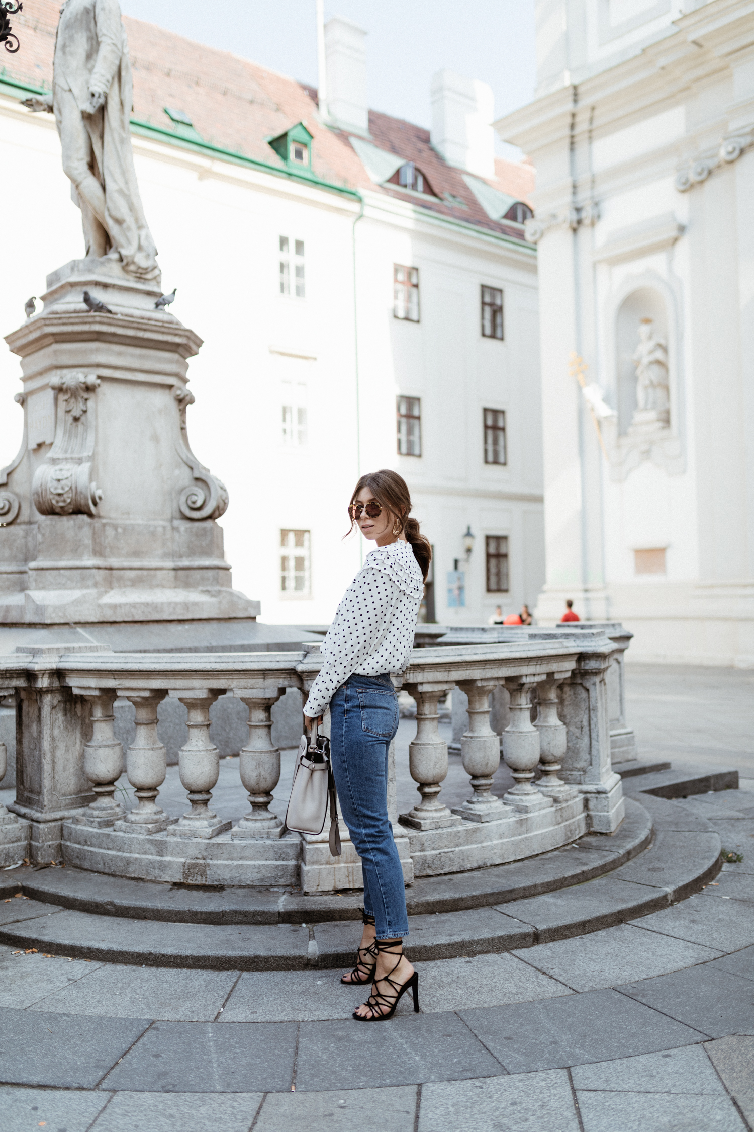 Topshop spot Frill neck blouse & jeans, Fendi bag, Miu Miu sunglasses, Public Desire heels - Bikinis & Passports