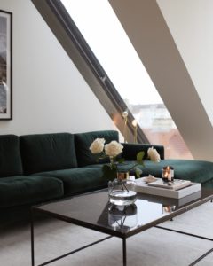 Coffee Table Styling Tips: Green Velvet Sofa + Black Marble Coffee Table - Bikinis & Passports
